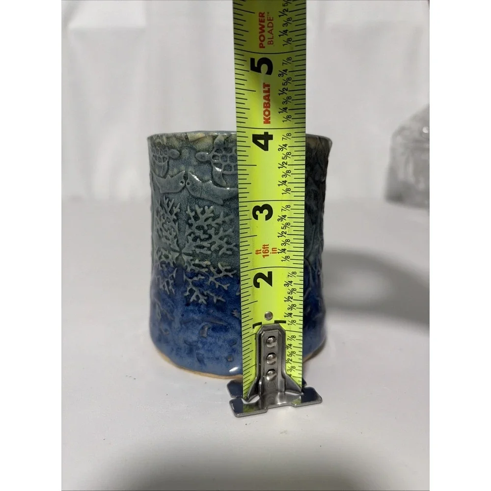 Studio Art Pottery Handmade Ceramic Vase Pencil Holder 4in Blue Sea Life Turtle